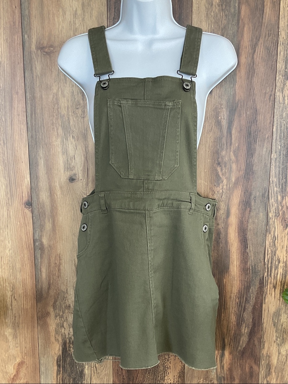 Love Tree Olive Green Pinafore Overall Suspender Mini Bib Skirt/Dress M 348B